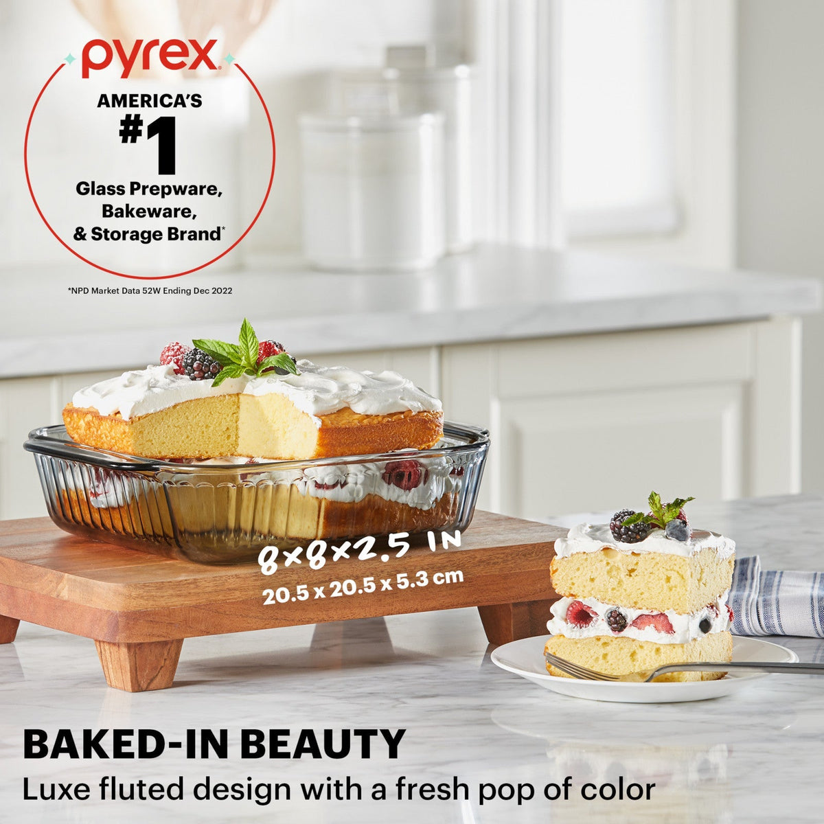 text Pyrex Americas #1 Glass Prep, Bakeware & storage brand with photo of 8" baking dish