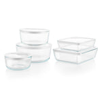 Pyrex 10‑piece glass food storage set on a white background.
