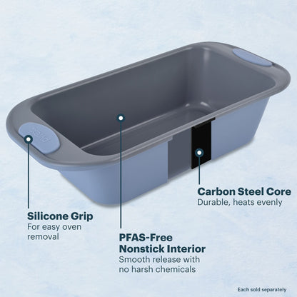 Gray loaf pan with features highlighted on a light blue background