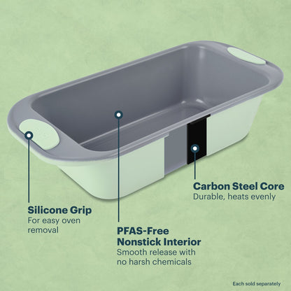 Loaf pan with features highlighted on a green background