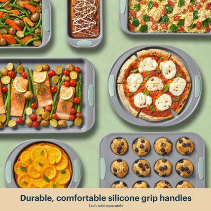 Collection of silicone baking pans with various dishes on a green background