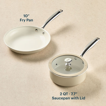10-inch fry pan and 2-quart saucepan with lid on a beige background