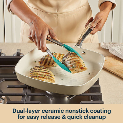 Person cooking chicken in a ceramic nonstick pan on a stove, with text highlighting the pan's features.