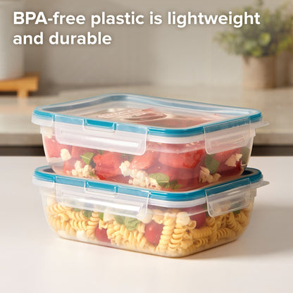 Stack of BPA-free plastic food containers with food inside on a kitchen counter.