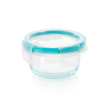Clear container with a blue lid on a white background