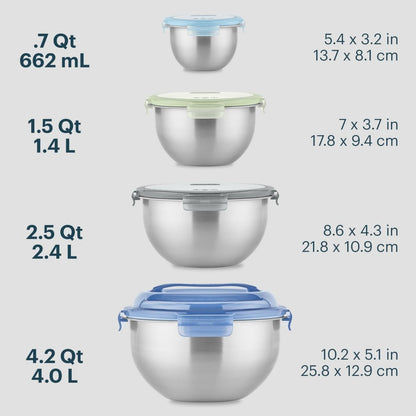 Set of stainless steel bowls with lids and their measurements on a light gray background