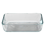 Clear glass rectangular baking dish on a white background